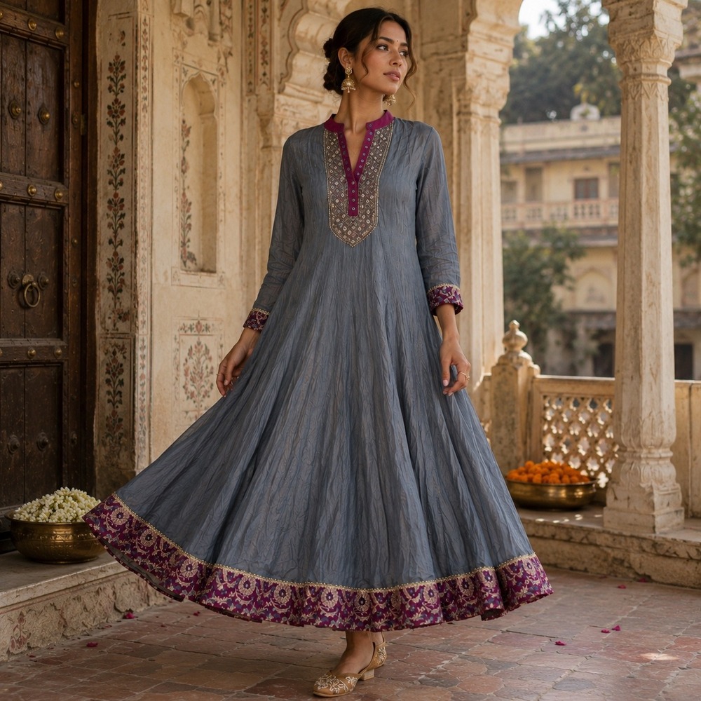 Vintage Indian Anarkali Long Tunic Dress Gray Magenta Beaded Embroidered Size 38
